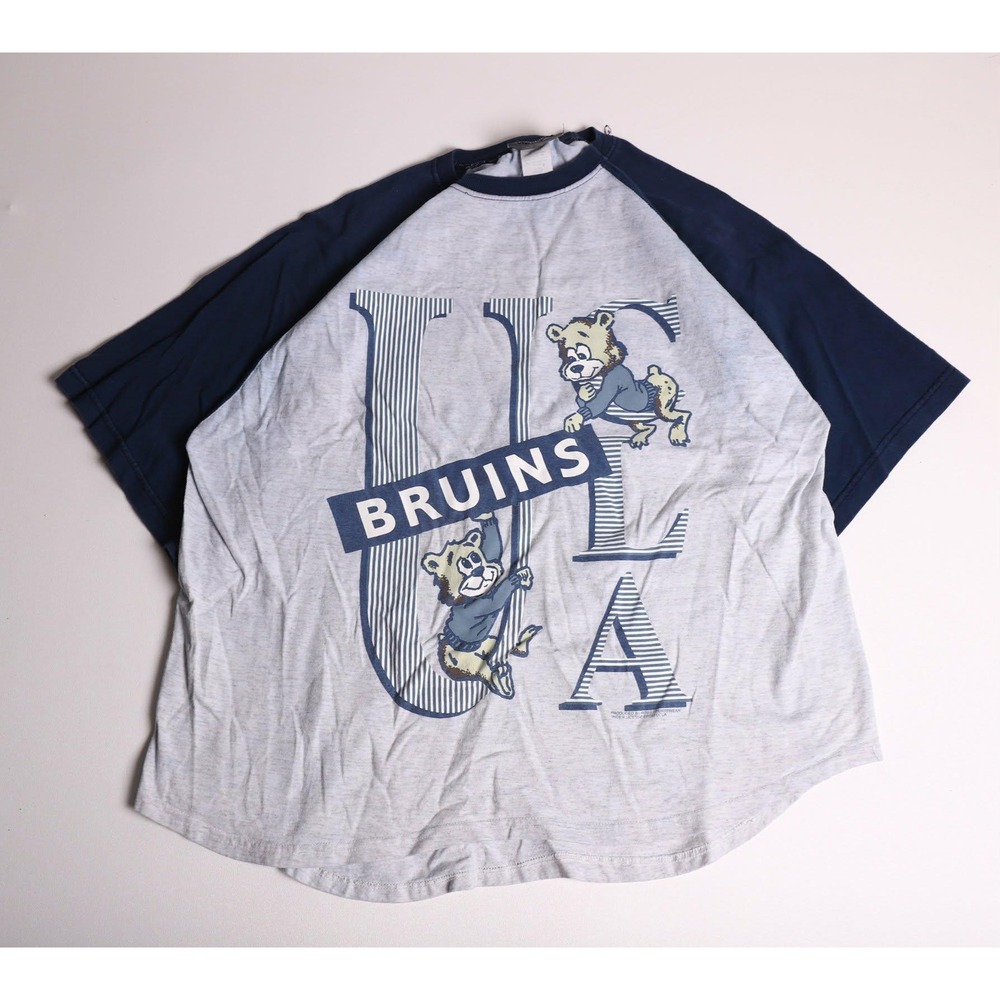 Vintage 80s Paris Sport Club UCLA Bruins Raglan T-Shirt Grey Navy Blue Mascot XL